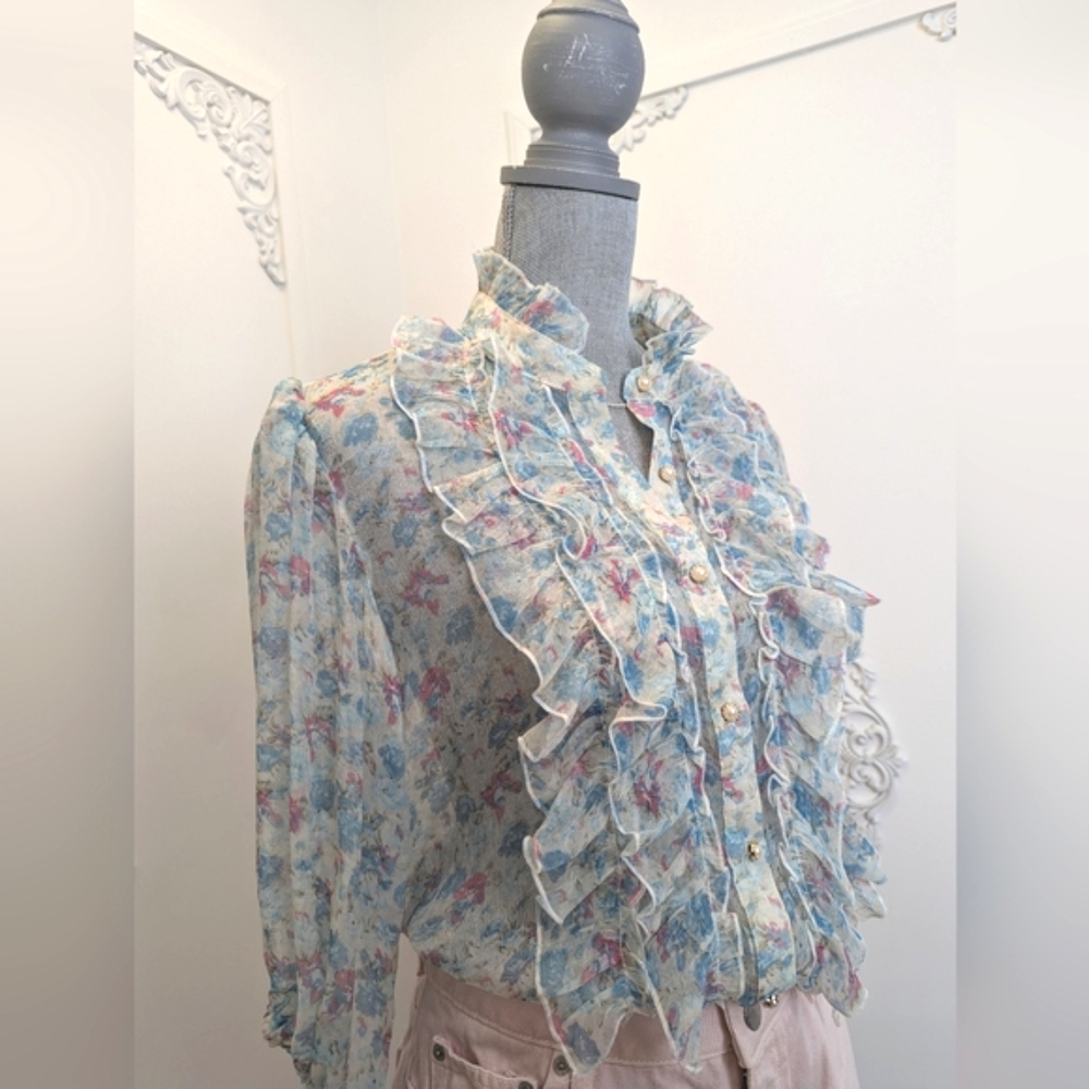 Floral Mock Neck Blouse With Faux Pearl Button Detail